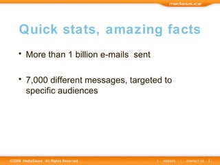 Quick stats, amazing facts More than 1 billion e-mails sent  7,000 different messages, targeted to specific audiences 