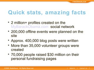 Quick stats, amazing facts <ul><li>2 million+ profiles created on the  MyBarackObama.com  social network </li></ul><ul><li...