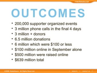 OUTCOMES <ul><li>200,000 supporter organized events </li></ul><ul><li>3 million phone calls in the final 4 days </li></ul>...