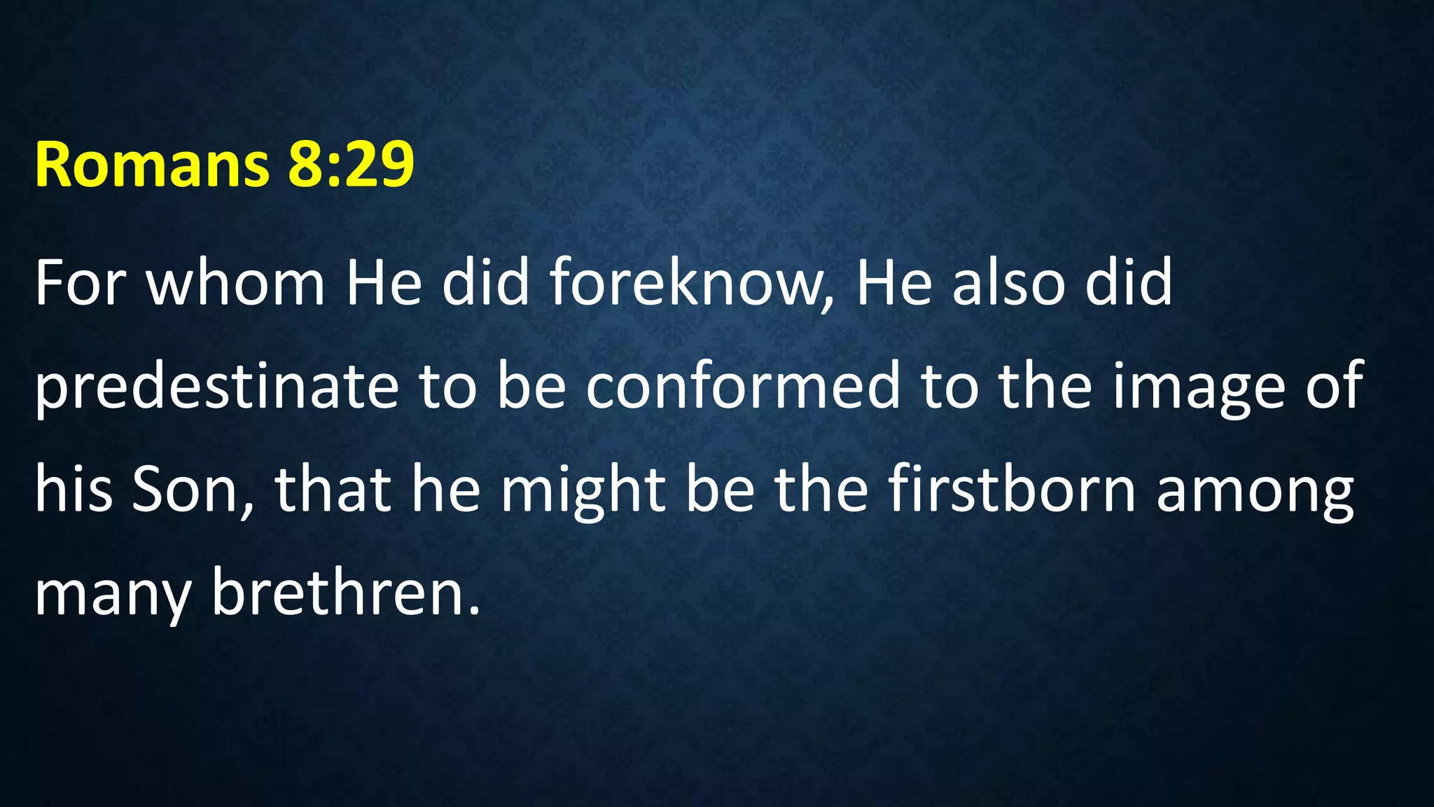 Romans 8:29
For whom He did foreknow, He also did
predestinate to be conformed to the image of
his Son, that he might be the firstborn among
many brethren.
 