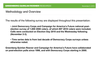 November 5, 2010November 5, 2010
The results of the following survey are displayed throughout this presentation:
• Joint Democracy Corps and Campaign for America’s Future national post-
election survey of 1,000 2008 voters, of which 897 2010 voters were included.
Calls were conducted on Election Day 2010 and the Wednesday following
(November 2-3).
• Time series data is from last decade of Democracy Corps surveys unless
otherwise noted.
Methodology and Overview
Greenberg Quinlan Rosner and Campaign for America’s Future have collaborated
on post-election polls since 1996, and with Democracy Corps starting in 2000.
 
