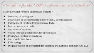 How do we ﬁx this? What reforms are we to introduce?
Major Electoral reforms undertaken include –
★ Lowering of Voting Age
★ Restriction on contesting from more than 2 constituencies
★ Independent Election Commission of India
★ Restriction on exit polls
★ Awareness Creations
★ Voting through postal ballot for special case
★ Ceiling on election expenditure
★ Anti – defection laws
★ EVM voting
★ Disqualiﬁcation on conviction for violating the National Honours Act, 1971
 