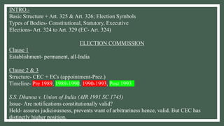 INTRO.-
Basic Structure + Art. 325 & Art. 326; Election Symbols
Types of Bodies- Constitutional, Statutory, Executive
Elections- Art. 324 to Art. 329 (EC- Art. 324)
ELECTION COMMISSION
Clause 1
Establishment- permanent, all-India
Clause 2 & 3
Structure- CEC + ECs (appointment-Prez.)
Timeline- Pre 1989, 1989-1990, 1990-1993, Post 1993
S.S. Dhanoa v. Union of India (AIR 1991 SC 1745)
Issue- Are notifications constitutionally valid?
Held- assures judiciousness, prevents want of arbitrariness hence, valid. But CEC has
distinctly higher position.
 