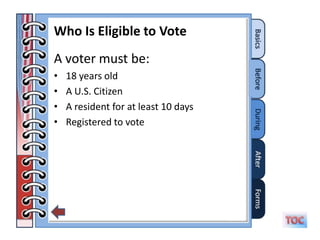 Who Is Eligible to Vote
A voter must be:
•   18 years old
•   A U.S. Citizen
•   A resident for at least 10 days
•   Registered to vote
 