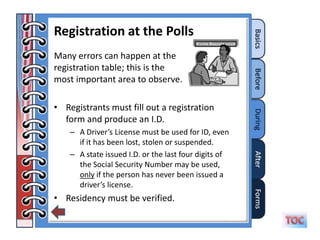 Registration at the Polls
Many errors can happen at the
registration table; this is the
most important area to observe.

• Registrants must fill out a registration
  form and produce an I.D.
    – A Driver’s License must be used for ID, even
      if it has been lost, stolen or suspended.
    – A state issued I.D. or the last four digits of
      the Social Security Number may be used,
      only if the person has never been issued a
      driver’s license.
• Residency must be verified.
 