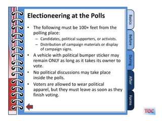 Electioneering at the Polls
• The following must be 100+ feet from the
  polling place:
   – Candidates, political supporters, or activists.
   – Distribution of campaign materials or display
     of campaign signs.
• A vehicle with political bumper sticker may
  remain ONLY as long as it takes its owner to
  vote.
• No political discussions may take place
  inside the polls.
• Voters are allowed to wear political
  apparel, but they must leave as soon as they
  finish voting.
 