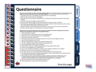 Questionnaire
•   Save your notes until after the election has been certified and there is no chance of a recount. If you feel there are any
    problems as you document your day, call the HOTLINE NUMBER. If you are assigned to the first shift of the day:
    1. Document the county, municipality and wards where you are observing.
    2. Note the date and the time your shift began.
    3. Note the names of any election officials present, including the Chief Election Inspector and the poll
       workers.
    4. Are there any other campaigns or groups present?
    5. Did all election officials agree that the machines present were the proper machines?
    6. Did at least two election officials identify each machine; verify that it was the proper machine; that it
       was in the proper working order and that it was secure?
    7. Did each machine’s vote counting mechanism show a “zero count” (no pre-Election Day votes)?
    8. Did the machines appear to be well kept and in working condition?

•   Observations to be made throughout your shift (remember to include the time and a description of the event or
    situation, and a description or the names of any people involved):
    1. Answer questions 1-4 above.
    2. How many election officials were present in the polling place?
    3. Were there any unauthorized persons in the polling place?
    4. Were there long lines at the polls?
    5. How long was the wait to cast a ballot? Check this at various times throughout the day.
    6. How many voting booths were there?
    7. Did the voting equipment appear to be in good working order?
    8. Are there adequate supplies? (Blank ballots, marking pens, etc.)
    9. Was the polling place handicapped accessible?
    10. Were election instructions posters displayed where they could be easily read?
    11. Is there any campaigning in the polling place?
    12. Do you see any effort to intimidate or interfere with individuals seeking to cast a ballot?
    13. Were you ever barred from observing the voting process?
    14. Are voters who are in the wrong polling place being redirected to the proper one?
    15. Are there any instances where a voter was permitted to vote a regular ballot (not a provisional one)
        even though the voter wasn’t qualified to do so?
    16. Did provisional voters and poll-workers properly complete and sign the certifications on the
        provisional ballot envelope? Are provisional ballots being placed in the provisional ballot
        envelopes, sealed and placed in the separate provisional ballot box or envelope?
    17. Have you observed any voter that voted more than once?
    18. Does anything seem unusual about the polling place?


                                                                                             Print this page.
 