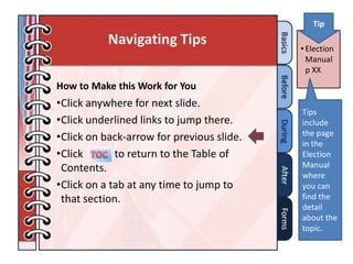 Tip
           Navigating Tips                 • Election
                                             Manual
                                             p XX
How to Make this Work for You
•Click anywhere for next slide.
                                           Tips
•Click underlined links to jump there.     include
                                           the page
•Click on back-arrow for previous slide.
                                           in the
•Click       to return to the Table of     Election
 Contents.                                 Manual
                                           where
•Click on a tab at any time to jump to     you can
 that section.                             find the
                                           detail
                                           about the
                                           topic.
 