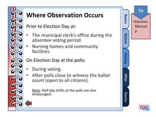 Tip
Where Observation Occurs
                                                • Election
Prior to Election Day at:                         Manual
                                                  p
• The municipal clerk’s office during the
  absentee voting period.
• Nursing homes and community
  facilities.
On Election Day at the polls:
• During voting.
• After polls close to witness the ballot
  count (open to all citizens).
  Note: Half-day shifts at the polls are also
  encouraged.
 