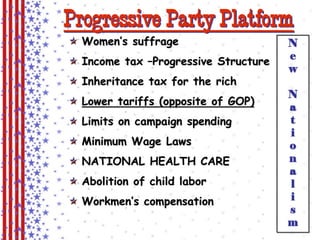Progressive Party Platform 
Women’s suffrage 
Income tax –Progressive Structure 
Inheritance tax for the rich 
Lower tariffs (opposite of GOP) 
Limits on campaign spending 
Minimum Wage Laws 
NATIONAL HEALTH CARE 
Abolition of child labor 
Workmen’s compensation 
New 
National 
ism 
 