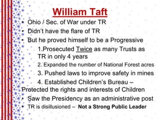 William Taft 
• Ohio / Sec. of War under TR 
• Didn’t have the flare of TR 
• But he proved himself to be a Progressive 
1.Prosecuted Twice as many Trusts as 
TR in only 4 years 
2. Expanded the number of National Forest acres 
3. Pushed laws to improve safety in mines 
4. Established Children’s Bureau – 
Protected the rights and interests of Children 
• Saw the Presidency as an administrative post 
• TR is disillusioned – Not a Strong Public Leader 
 