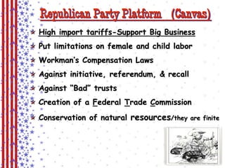 Republican Party Platform (Canvas) 
High import tariffs-Support Big Business 
Put limitations on female and child labor 
Workman’s Compensation Laws 
Against initiative, referendum, & recall 
Against “Bad” trusts 
Creation of a Federal Trade Commission 
Conservation of natural resources/they are finite 
 