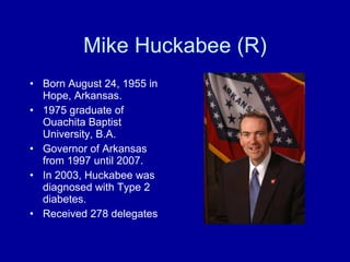Mike Huckabee (R) Born August 24, 1955 in Hope, Arkansas. 1975 graduate of Ouachita Baptist University, B.A. Governor of Arkansas from 1997 until 2007.  In 2003, Huckabee was diagnosed with Type 2 diabetes. Received 278 delegates 