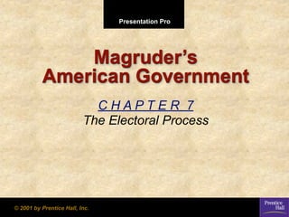 Presentation Pro




              Magruder’s
          American Government
                            CHAPTER 7
                          The Electoral Process




© 2001 by Prentice Hall, Inc.
 