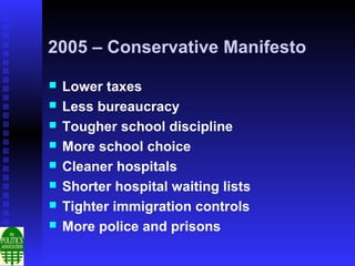2005 – Conservative Manifesto

   Lower taxes
   Less bureaucracy
   Tougher school discipline
   More school choice
   Cleaner hospitals
   Shorter hospital waiting lists
   Tighter immigration controls
   More police and prisons
 