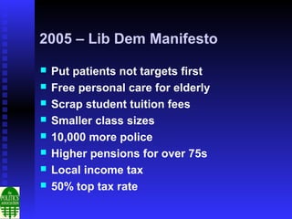 2005 – Lib Dem Manifesto

   Put patients not targets first
   Free personal care for elderly
   Scrap student tuition fees
   Smaller class sizes
   10,000 more police
   Higher pensions for over 75s
   Local income tax
   50% top tax rate
 