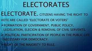 ELECTORATES
ELECTORATE. CITIZENS HAVING THE RIGHT TO
VOTE ARE CALLED “ELECTORATE OR VOTERS”
FORMATION OF GOVERNMENT, PUBLIC POLICY,
LEGISLATION, ELECION & REMOVAL OF CIVIL SERVENTS.
 POLITICAL PARTICIPATION OF PEOPLE IN THE PUBLIC LIFE
NECESSARY FOR DEMOCRACY.
RIGHT OF THE MAJORITY TO RULE.
 