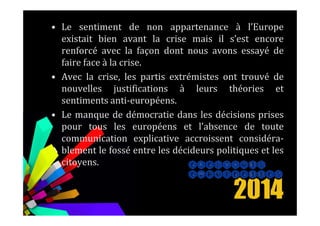 • Le sentiment de non appartenance à l’Europe
existait bien avant la crise mais il s’est encore
renforcé avec la façon dont nous avons essayé de
faire face à la crise.
• Avec la crise, les partis extrémistes ont trouvé de
nouvelles justifications à leurs théories et
sentiments anti-européens.
• Le manque de démocratie dans les décisions prises• Le manque de démocratie dans les décisions prises
pour tous les européens et l’absence de toute
communication explicative accroissent considéra-
blement le fossé entre les décideurs politiques et les
citoyens.
 