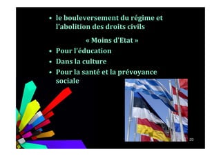 • le bouleversement du régime et
l’abolition des droits civils
« Moins d’Etat »
• Pour l’éducation
• Dans la culture
• Pour la santé et la prévoyance
sociale
20
sociale
 