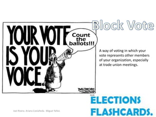 A way of voting in which your
                                               vote represents other members
                                               of your organization, especially
                                               at trade union meetings.




Joel Rivera. Ariana Castañeda. Miguel Yañez.
 