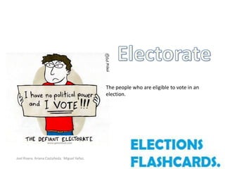 The people who are eligible to vote in an
                                               election.




Joel Rivera. Ariana Castañeda. Miguel Yañez.
 