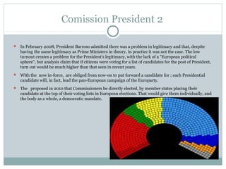 Comission President 2

 In February 2008, President Barroso admitted there was a problem in legitimacy and that, despite
   having the same legitimacy as Prime Ministers in theory, in practice it was not the case. The low
   turnout creates a problem for the President's legitimacy, with the lack of a "European political
   sphere", but analysis claim that if citizens were voting for a list of candidates for the post of President,
   turn out would be much higher than that seen in recent years.
 With the now in-force, are obliged from now-on to put forward a candidate for ; each Presidential
   candidate will, in fact, lead the pan-European campaign of the Europarty.
 The proposed in 2010 that Commissioners be directly elected, by member states placing their
   candidate at the top of their voting lists in European elections. That would give them individually, and
   the body as a whole, a democratic mandate.
 