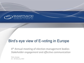 Bird’s eye view of E-voting in Europe
4th Annual meeting of election management bodies
Stakeholder engagement and effective communication
Tbilisi, Georgia
24 – 26 February, 2014
 