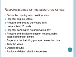 RESPONSIBILITIES OF THE ELECTORAL OFFICE
 Divide the country into constituencies
 Register eligible voters
 Prepare and amend the voters’ lists
 Issue voters’ ID cards
 Register candidates on nomination day
 Prepare and distribute election notices, ballot
papers and ballot boxes
 Supervise the balloting process on election day
 Tally the votes
 Declare results
 Audit candidates’ election expenses
 