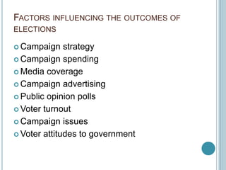 FACTORS INFLUENCING THE OUTCOMES OF
ELECTIONS
 Campaign strategy
 Campaign spending
 Media coverage
 Campaign advertising
 Public opinion polls
 Voter turnout
 Campaign issues
 Voter attitudes to government
 