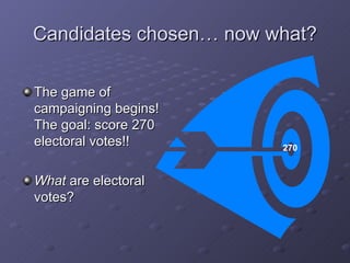 Candidates chosen… now what? The game of campaigning begins! The goal: score 270 electoral votes!! What  are electoral votes? 270 