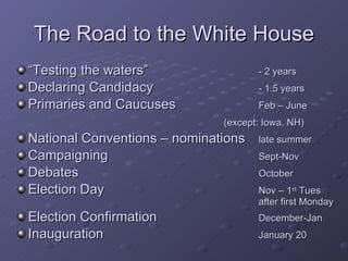 The Road to the White House “ Testing the waters”   - 2 years Declaring Candidacy   - 1.5 years Primaries and Caucuses Feb – June (except: Iowa, NH) National Conventions – nominations late summer Campaigning Sept-Nov Debates October Election Day Nov – 1 st  Tues  after first Monday Election Confirmation December-Jan Inauguration January 20 