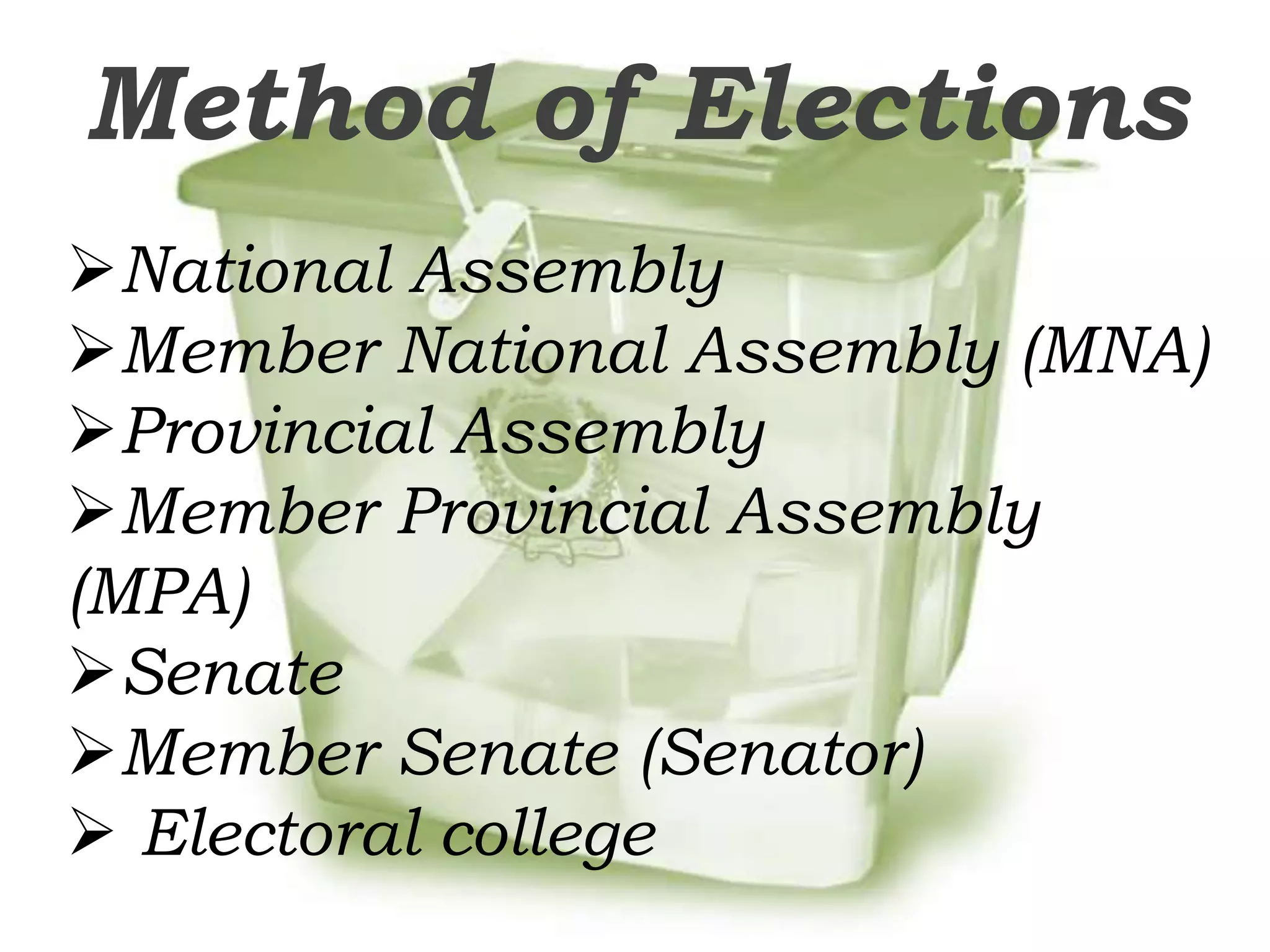 Method of Elections
National Assembly
Member National Assembly (MNA)
Provincial Assembly
Member Provincial Assembly
(MPA)
Senate
Member Senate (Senator)
 Electoral college
 