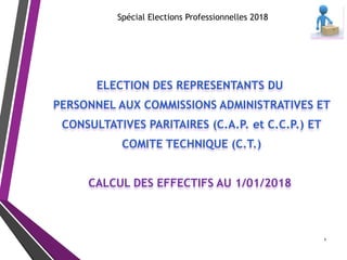Spécial Elections Professionnelles 2018
ELECTION DES REPRESENTANTS DU
PERSONNEL AUX COMMISSIONS ADMINISTRATIVES ET
CONSULTATIVES PARITAIRES (C.A.P. et C.C.P.) ET
COMITE TECHNIQUE (C.T.)
CALCUL DES EFFECTIFS AU 1/01/2018
1
 