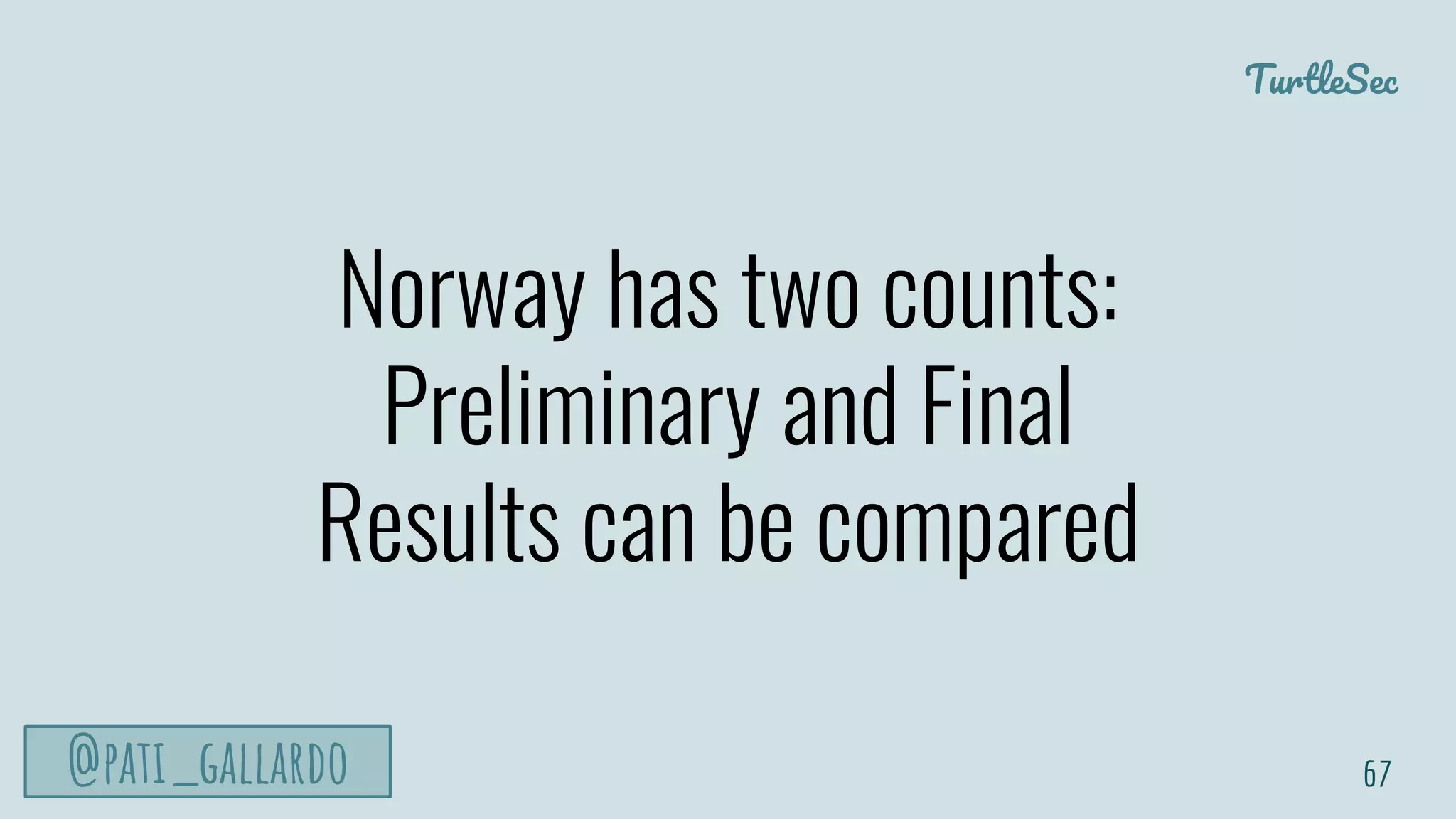 TurtleSec
@pati_gallardo
Norway has two counts:
Preliminary and Final
Results can be compared
67
 