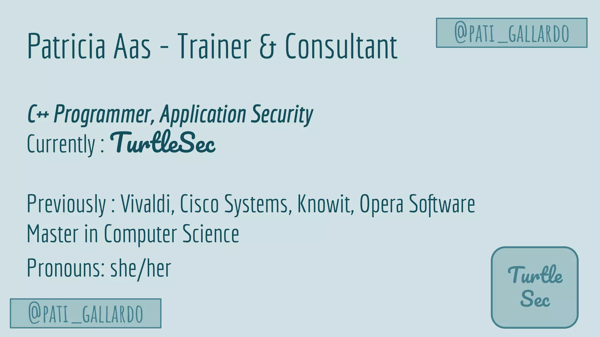 TurtleSec
@pati_gallardo
Patricia Aas - Trainer & Consultant
C++ Programmer, Application Security
Currently : TurtleSec
Previously : Vivaldi, Cisco Systems, Knowit, Opera Software
Master in Computer Science
Pronouns: she/her
@pati_gallardo
Turtle
Sec
 