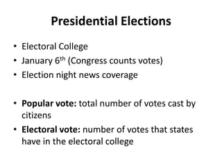 Presidential ElectionsElectoral CollegeJanuary 6th (Congress counts votes)Election night news coveragePopular vote: total number of votes cast by citizensElectoral vote: number of votes that states have in the electoral college