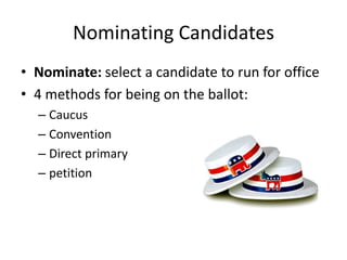 Nominating CandidatesNominate: select a candidate to run for office4 methods for being on the ballot:CaucusConventionDirect primarypetition