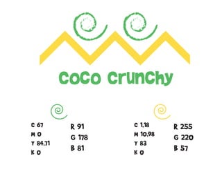 Coco Crunchy
C 67
M0
Y 84,71
K0

R 91
G 178
B 81

C 1,18
M 10,98
Y 83
K0

R 255
G 220
B 57

 