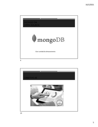 16/1/2021
5
MONGO DB
OPEN SOURCE
Gran cantidad de almacenamiento
OBJETIVO: BI
9
10
 