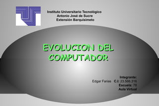 Instituto Universitario Tecnológico
Antonio José de Sucre
Extensión Barquisimeto
EVOLUCION DELEVOLUCION DEL
COMPUTADORCOMPUTADOR
 
Integrante:
Edgar Farias C.I: 23.566.316
Escuela: 78
Aula Virtual
 
 
 
 
 