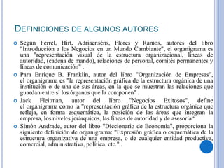 DEFINICIONES DE ALGUNOS AUTORES
 Según Ferrel, Hirt, Adriaenséns, Flores y Ramos, autores del libro
"Introducción a los Negocios en un Mundo Cambiante", el organigrama es
una "representación visual de la estructura organizacional, líneas de
autoridad, (cadena de mando), relaciones de personal, comités permanentes y
líneas de comunicación" .
 Para Enrique B. Franklin, autor del libro "Organización de Empresas",
el organigrama es "la representación gráfica de la estructura orgánica de una
institución o de una de sus áreas, en la que se muestran las relaciones que
guardan entre sí los órganos que la componen" .
 Jack Fleitman, autor del libro "Negocios Exitosos", define
el organigrama como la "representación gráfica de la estructura orgánica que
refleja, en forma esquemática, la posición de las áreas que integran la
empresa, los niveles jerárquicos, las líneas de autoridad y de asesoría“.
 Simón Andrade, autor del libro "Diccionario de Economía", proporciona la
siguiente definición de organigrama: "Expresión gráfica o esquemática de la
estructura organizativa de una empresa, o de cualquier entidad productiva,
comercial, administrativa, política, etc." .
 