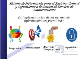 Sistema de Información para el Registro, Control
    y Seguimiento a la Gestión de Servicio de
                Mantenimiento

       La implementación de un sistema de
           información nos permitirá :




              Optimización   Ahorro de         Seguridad
Integración
                             Tiempo y Costos
 