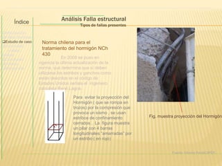 Fuente: Informe PentaCiIPER 
Norma chilena para el 
tratamiento del hormigón NCh 
430 
En 2008 se puso en 
vigencia la última actualización de la 
norma, que determina que sí deben 
utilizarse los estribos y ganchos como 
están descritos en el código de 
Estados Unidos señala el ingeniero 
calculista René Lagos. 
Para evitar la proyección del 
Hormigón ( que se rompa en 
trozos) por la compresión que 
provoca un sismo , se usan 
estribos de confinamiento 
cerrados . La figura muestra 
un pilar con 4 barras 
longitudinales “amarradas” por 
un estribo ( en rojo) 
Fig. muestra proyección del Hormigón 
Análisis Falla estructural 
Tipos de fallas presentes 
Índice 
Introducción 
Fallas Sísmicas 
Estudio de caso 
Conclusión 
análisis 
edificio 
Conclusión 
Anexos 
Bibliografía 
 