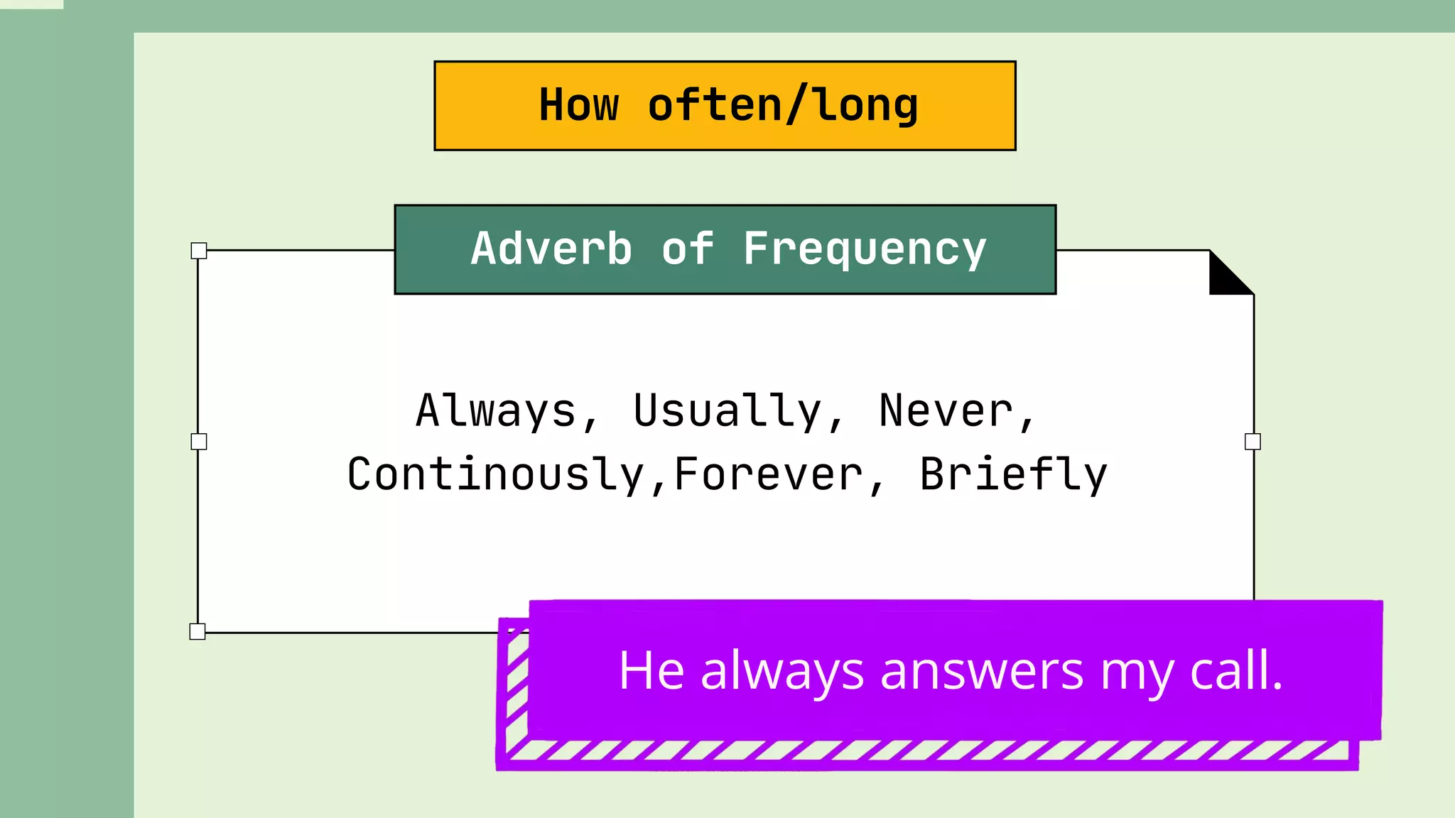 Always, Usually, Never,
Continously,Forever, Briefly
Adverb of Frequency
How often/long
He always answers my call.
 