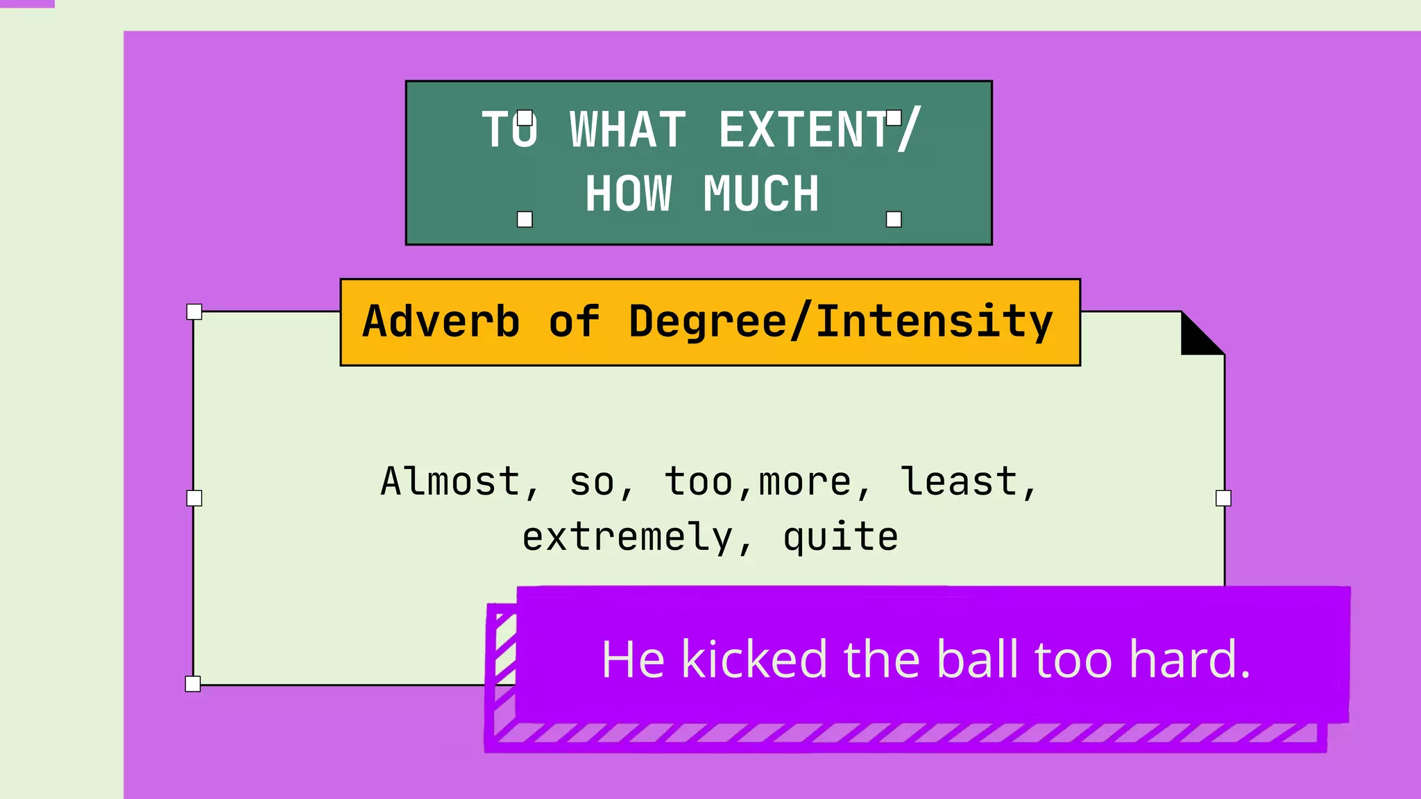 Almost, so, too,more, least,
extremely, quite
Adverb of Degree/Intensity
TO WHAT EXTENT/
HOW MUCH
He kicked the ball too hard.
 