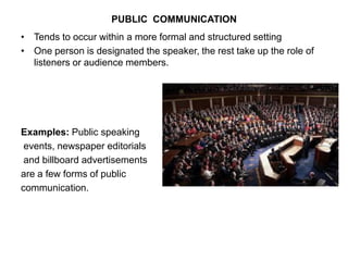 PUBLIC COMMUNICATION
• Tends to occur within a more formal and structured setting
• One person is designated the speaker, the rest take up the role of
listeners or audience members.
Examples: Public speaking
events, newspaper editorials
and billboard advertisements
are a few forms of public
communication.
 