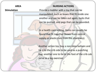 AREA NURSING ACTIONS
Stimulation Provide a toddler with a toy that can be
manipulated, such as boxes that fit inside one
another and can be taken out again, tucks that
can be pushed, and pegs that can be pounded.
In a health care setting, items can usually be
found that fit together (boxes from central
supply or plastic vials from the pharmacy).
Another action toy: buy a non-latex balloon and
tie it to the crib side to be used as a punching
bag; another one to tie to the foot of the crib cab
serve as a leg exerciser.
 