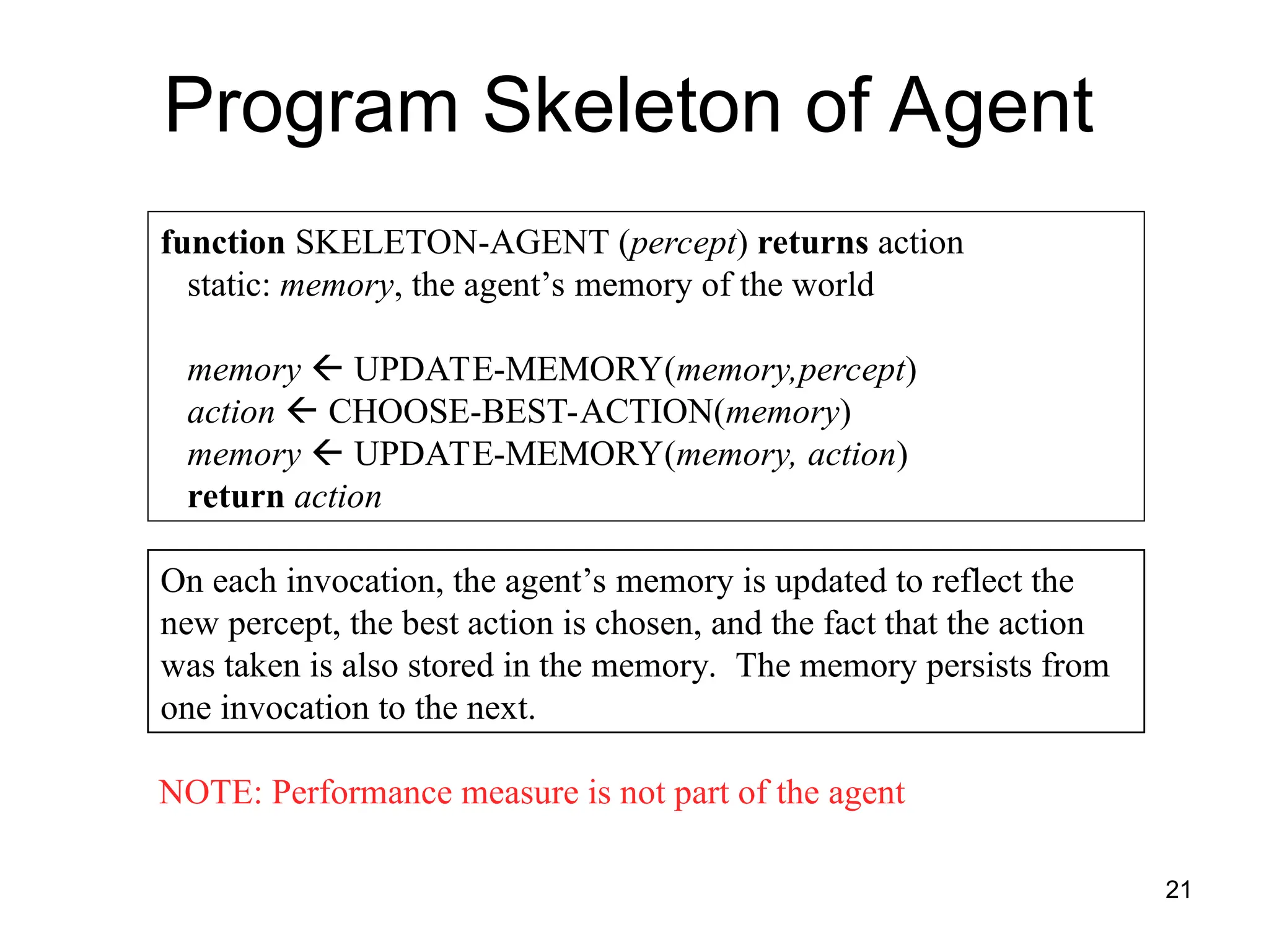 function SKELETON-AGENT (percept) returns action
static: memory, the agent’s memory of the world
memory  UPDATE-MEMORY(memory,percept)
action  CHOOSE-BEST-ACTION(memory)
memory  UPDATE-MEMORY(memory, action)
return action
On each invocation, the agent’s memory is updated to reflect the
new percept, the best action is chosen, and the fact that the action
was taken is also stored in the memory. The memory persists from
one invocation to the next.
Program Skeleton of Agent
NOTE: Performance measure is not part of the agent
21
 