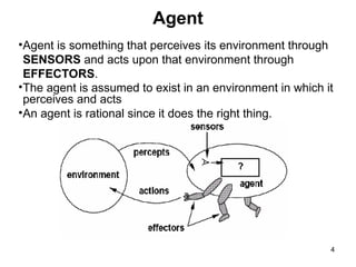 Agent
•Agent is something that perceives its environment through
SENSORS and acts upon that environment through
EFFECTORS.
•The agent is assumed to exist in an environment in which it
perceives and acts
•An agent is rational since it does the right thing.
4
 
