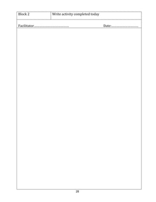 28
Block 2 Write activity completed today
Facilitator………………………………… Date:…………………………
 
